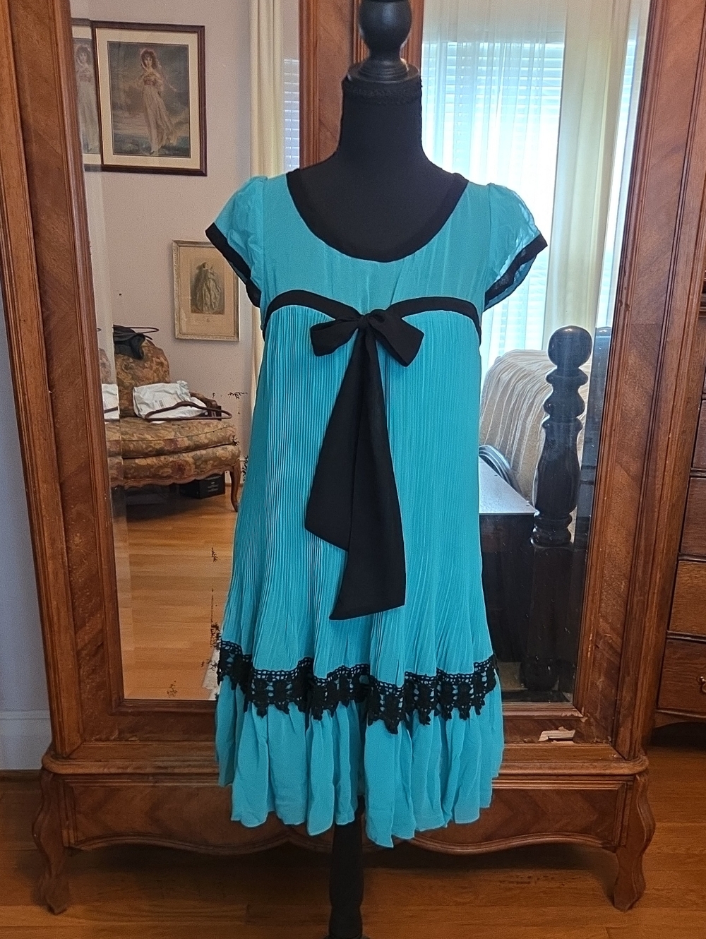 Teal Empire-Waist Bow Dress with Black Trim